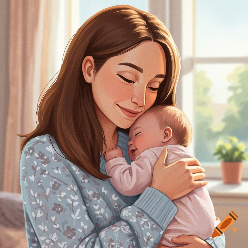 An illustration of a mother gently holding her baby in a warm, light-filled room.