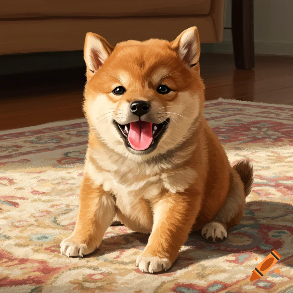 A cute Shiba Inu puppy sitting on a rug, smiling, illustration.