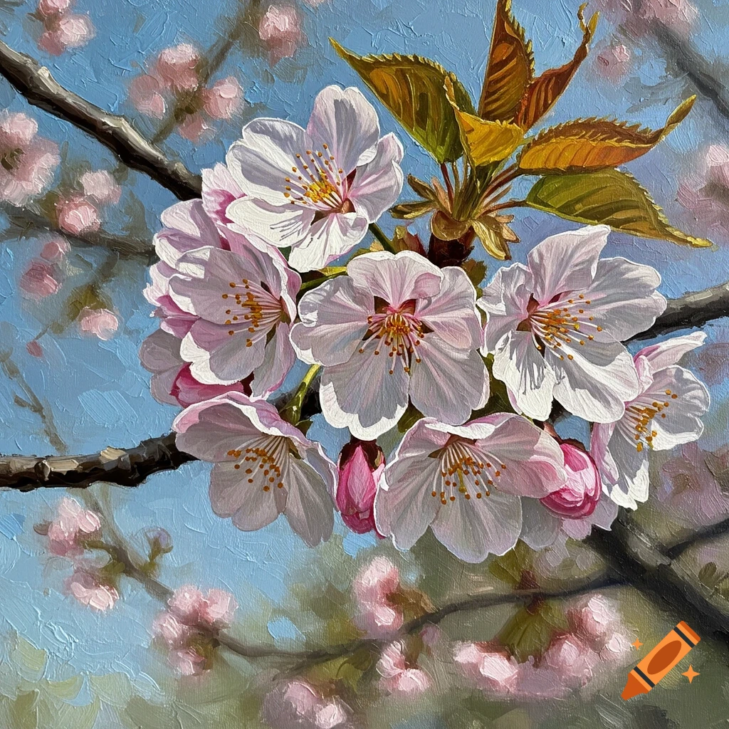 Painted close-up of white and pink cherry blossoms on a branch against a blue sky.