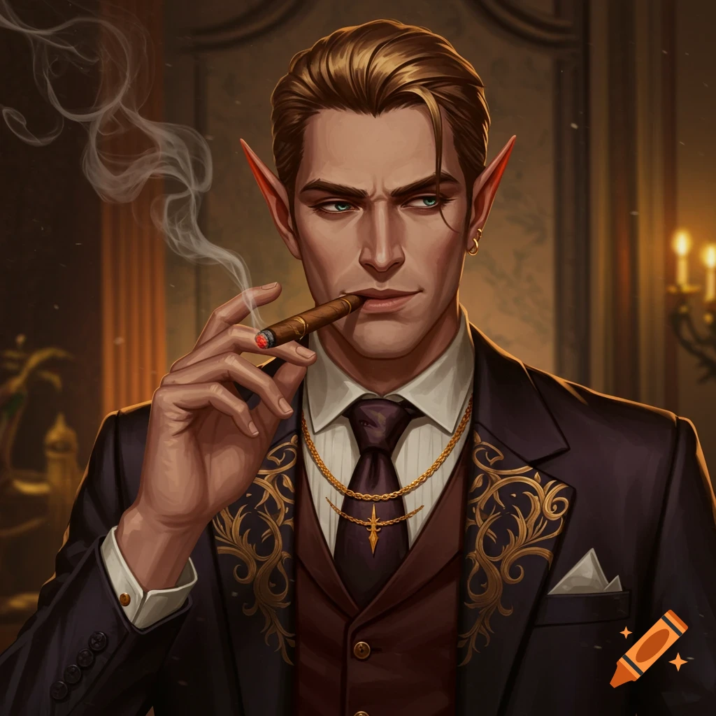 Fantasy portrait of an elf man in a suit smoking a cigar