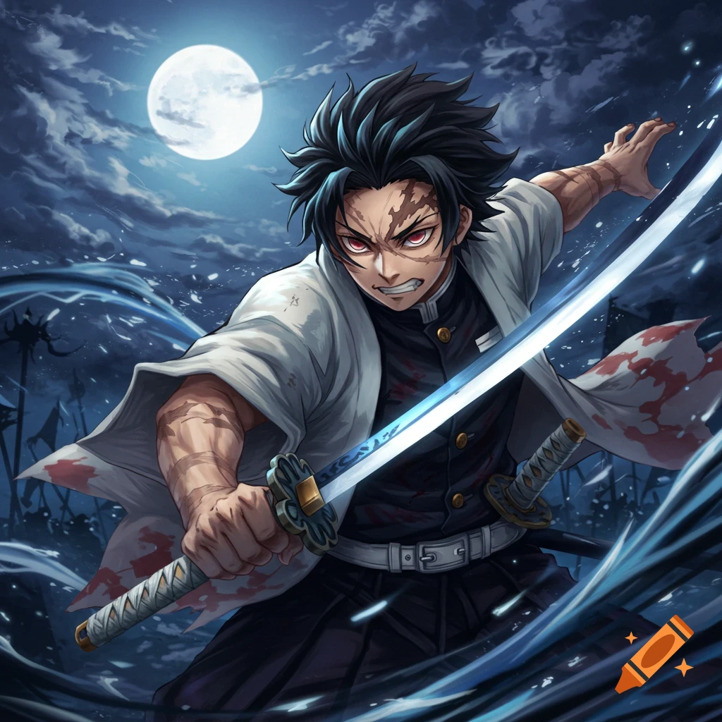 Sanemi Shinazugawa, the Wind Hashira, holds a sword under a full moon in this anime style image.