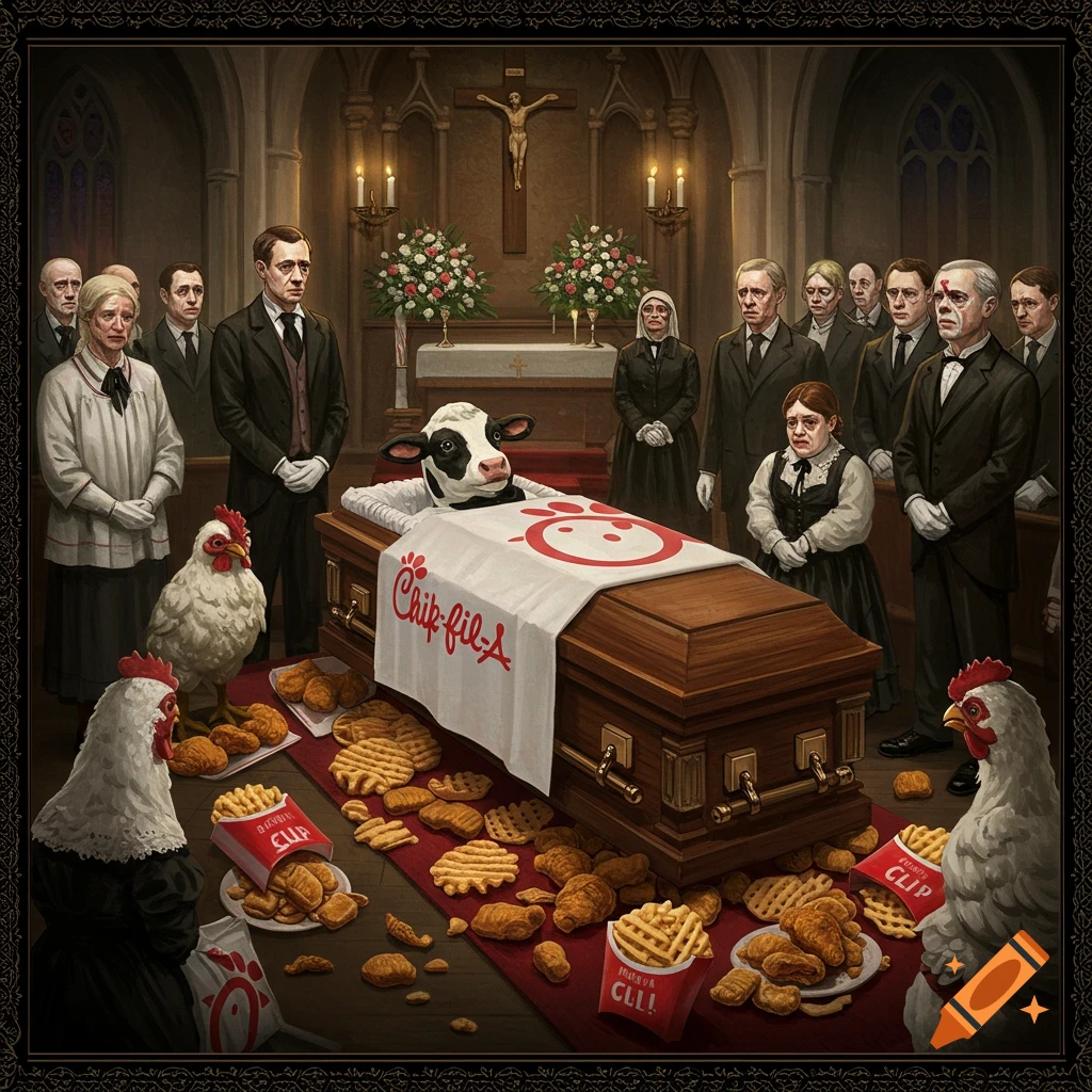 A cow in a coffin lies in state at a funeral attended by people, chickens, and Chick-fil-A food, painted in a realistic style.
