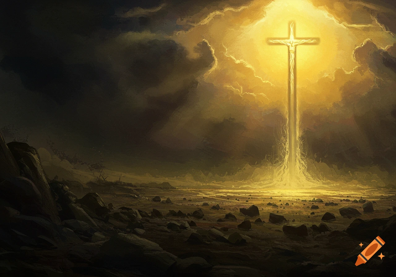 Luminous cross figure rising from light in a dark, rocky landscape under stormy skies. Digital art.