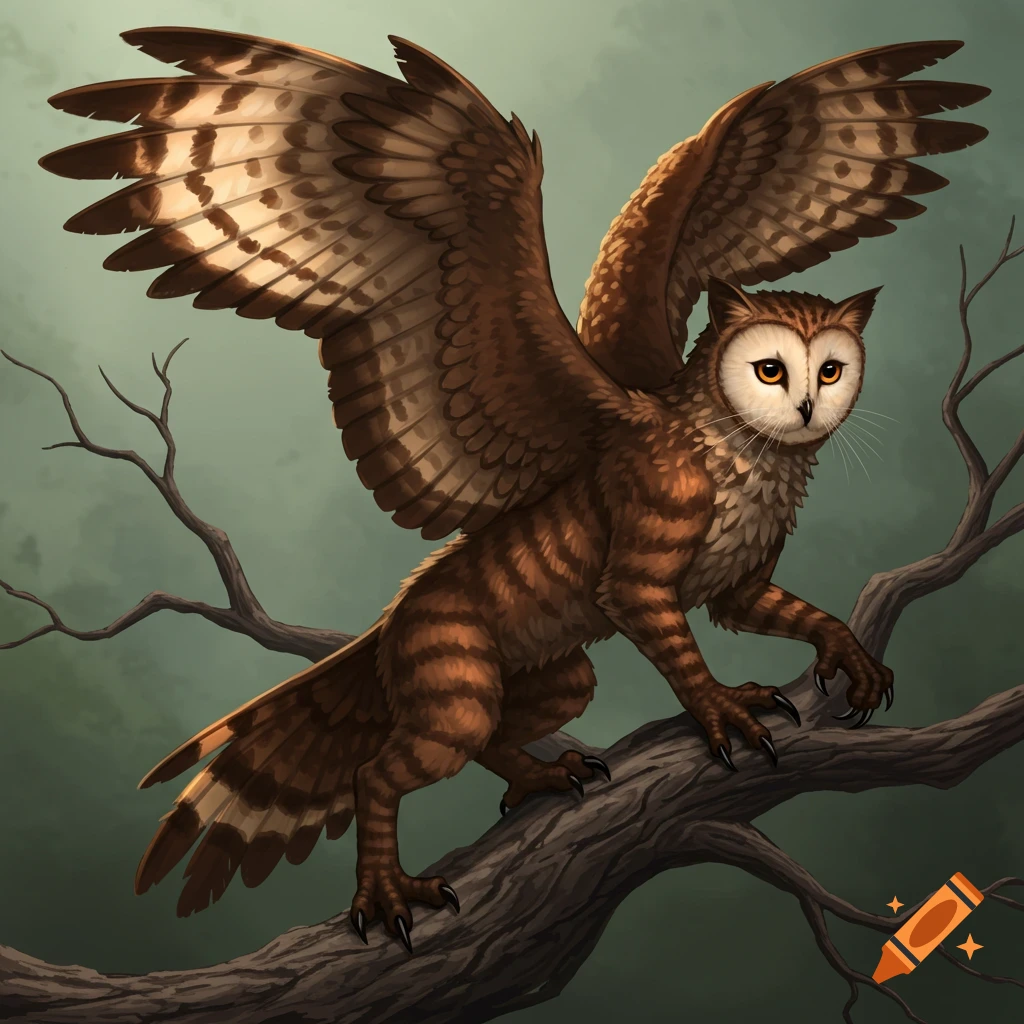 A hybrid cat-owl creature with striped fur and large wings perches on a dark branch.