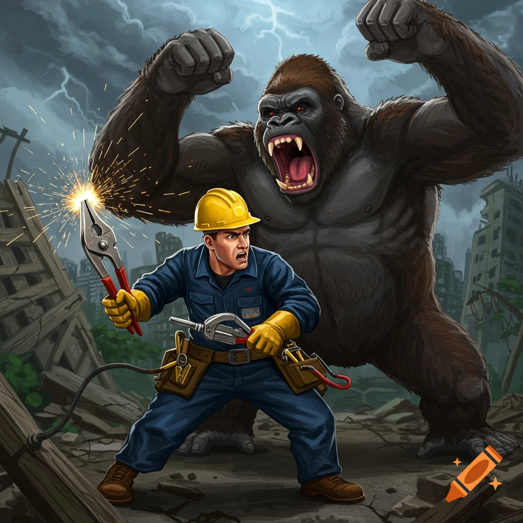 Illustration of an electrician fighting a giant gorilla in a ruined city under a storm.