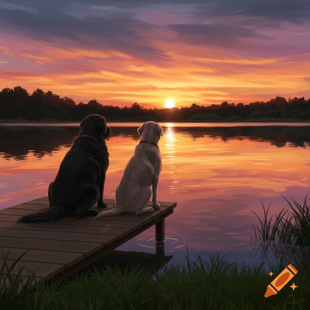 Two dogs sit on a dock watching the sunset over a lake.
