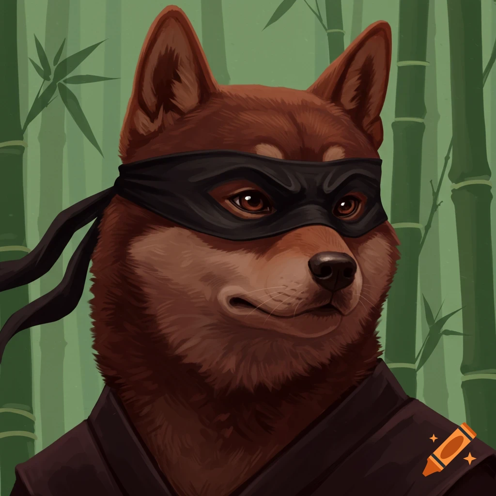 A brown dog wearing a black ninja mask and robe stands in front of green bamboo.
