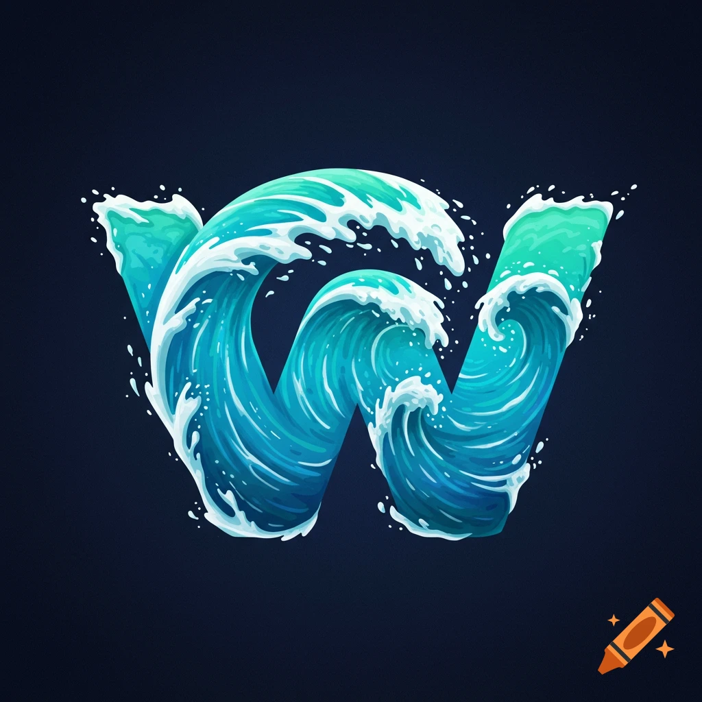 Stylized letter W formed by crashing blue ocean waves on a dark background.