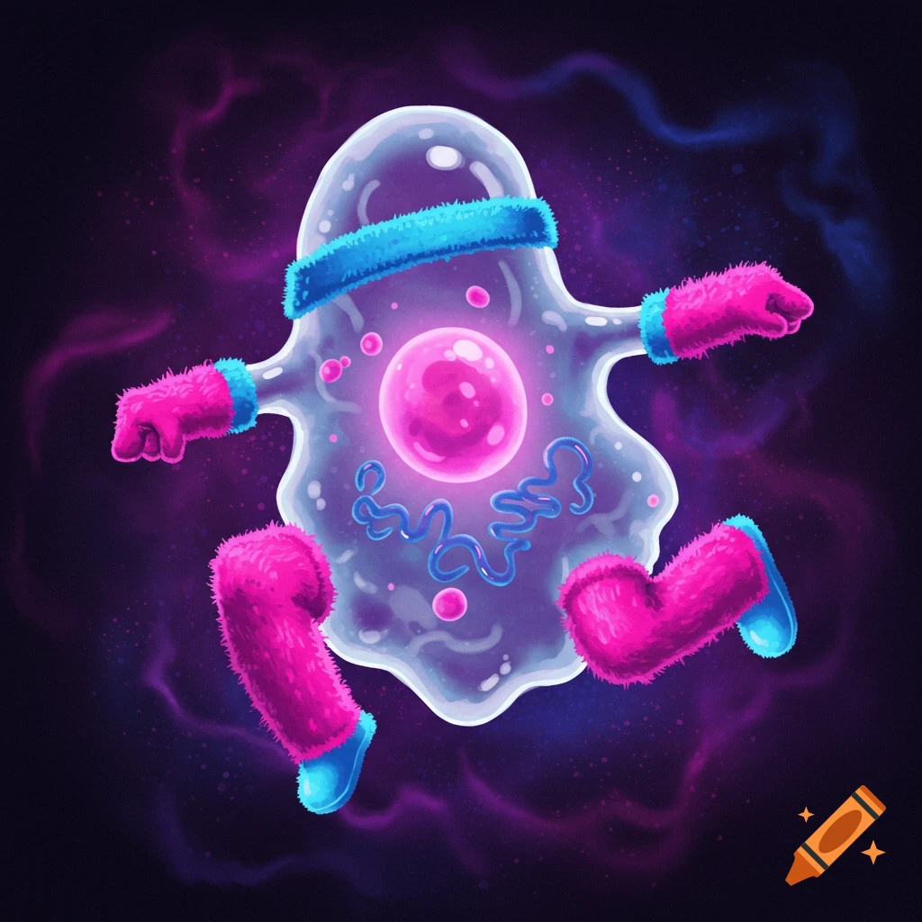 Cartoon cell wearing pink fuzzy leg warmers and armbands in space