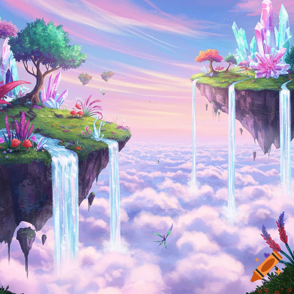Fantasy landscape of floating islands with waterfalls, glowing crystals, and trees above a sea of clouds.