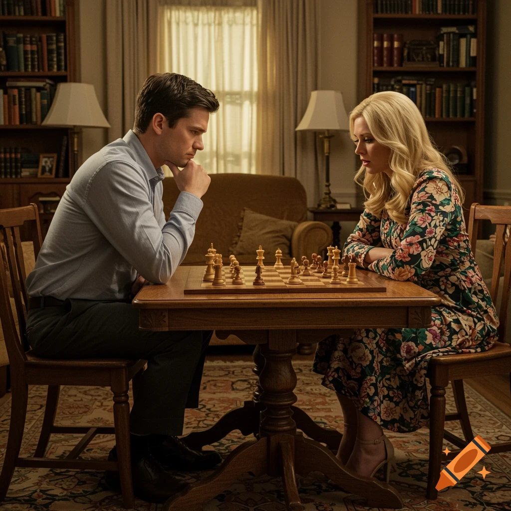 A man and woman play chess at a table in a room.