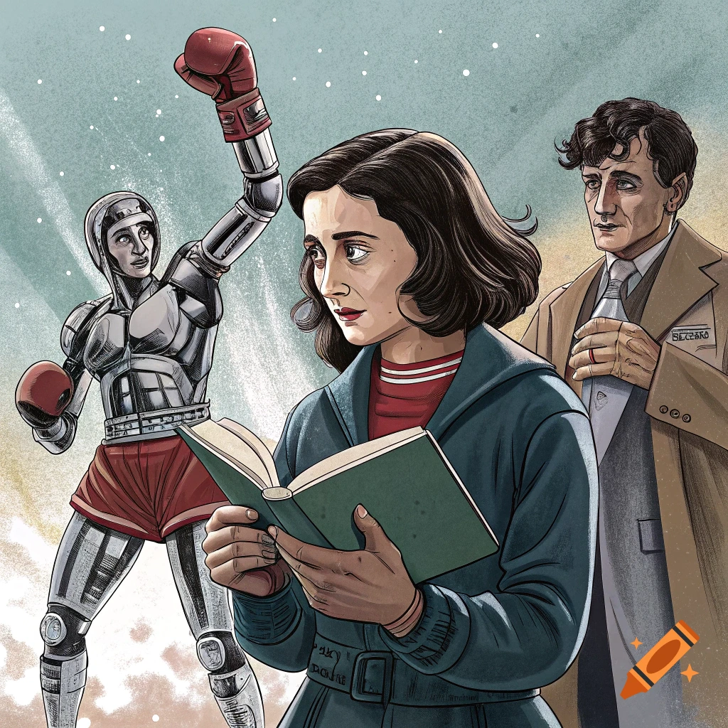 Illustration of a girl reading a book, a boxing robot, and a man in a coat standing together.