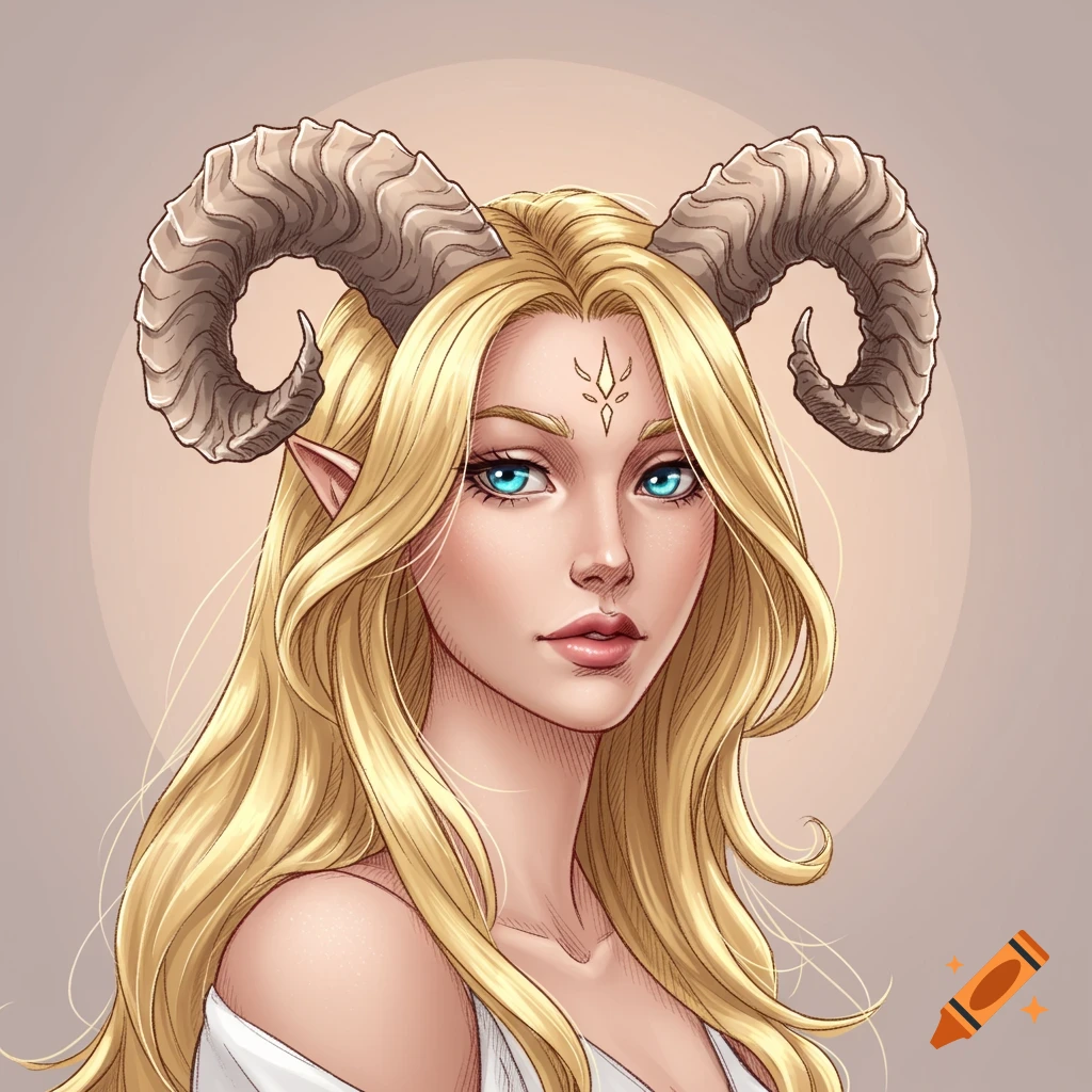 Illustration of a blonde woman with blue eyes, horns, and pointed ears