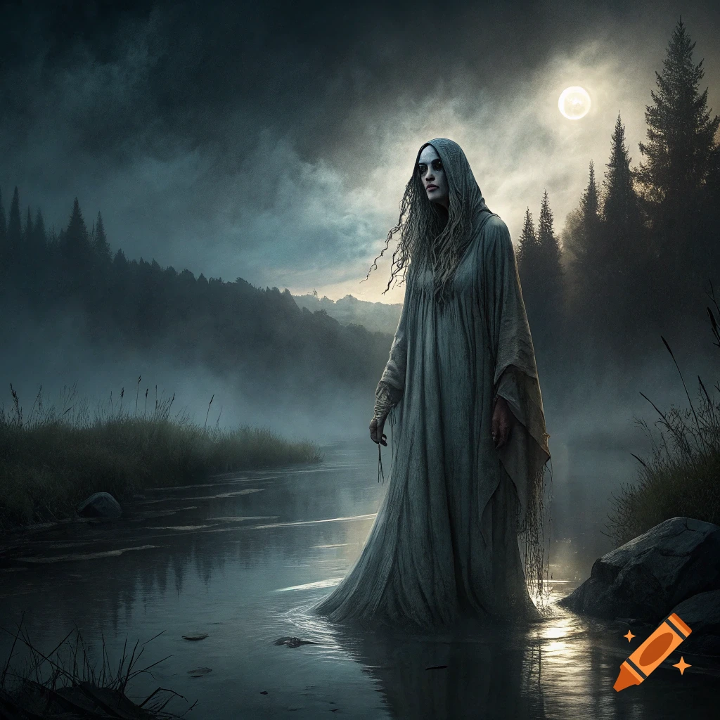 A ghostly woman in a hooded robe stands in a misty river at night under a full moon.