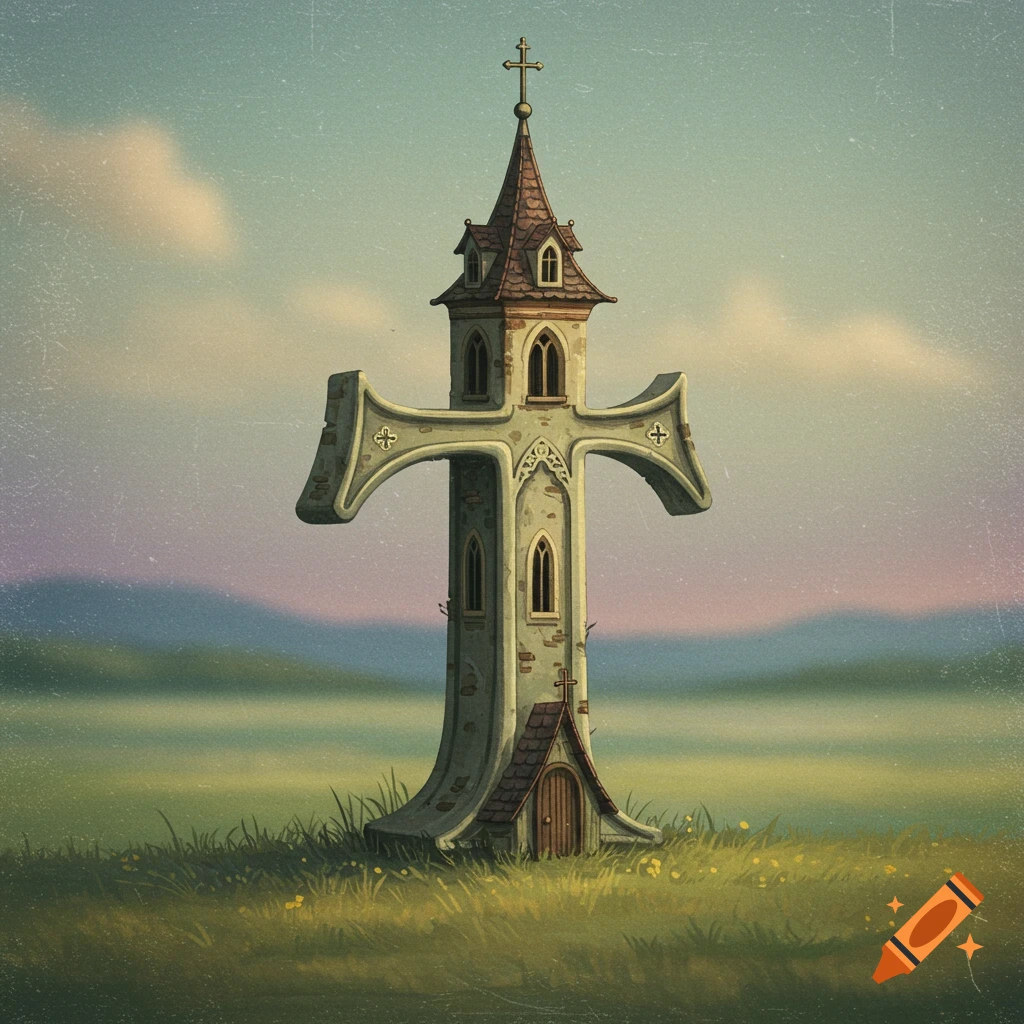 A building shaped like a large stone cross or letter T stands in a grassy field under a hazy sky.