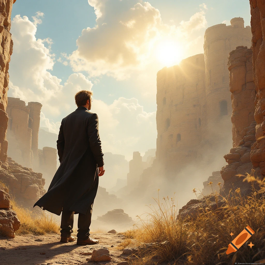 Man in a long coat looks out over a sunlit desert landscape with stone towers.