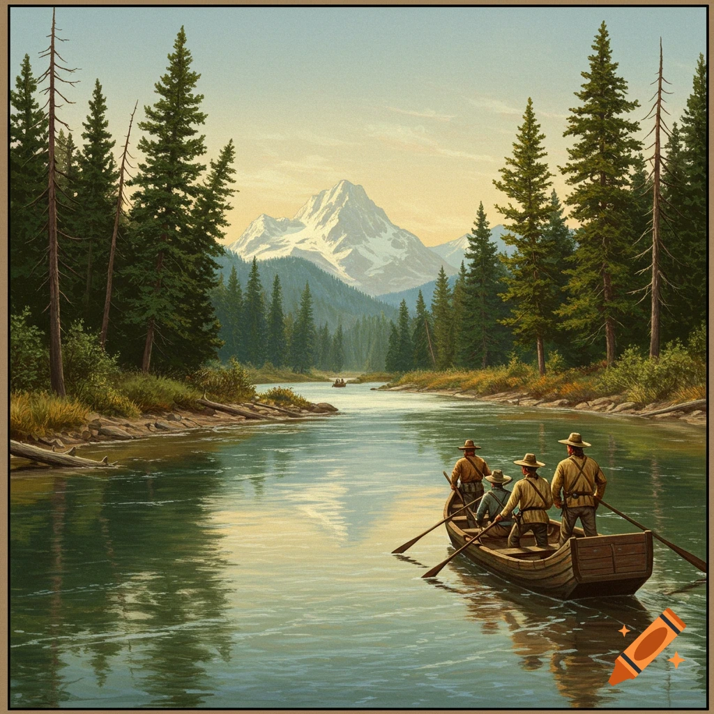 Men in a boat on a river with mountains and trees in background, realistic painting