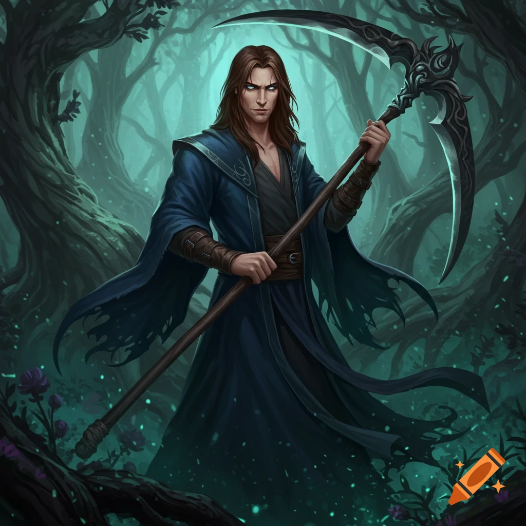 A man in a blue robe holds a scythe in a dark fantasy forest.