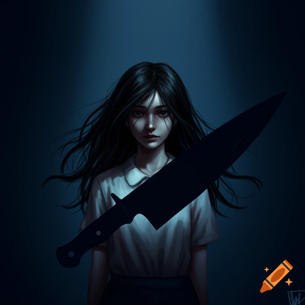 Painting of a girl with a large knife silhouette over her.