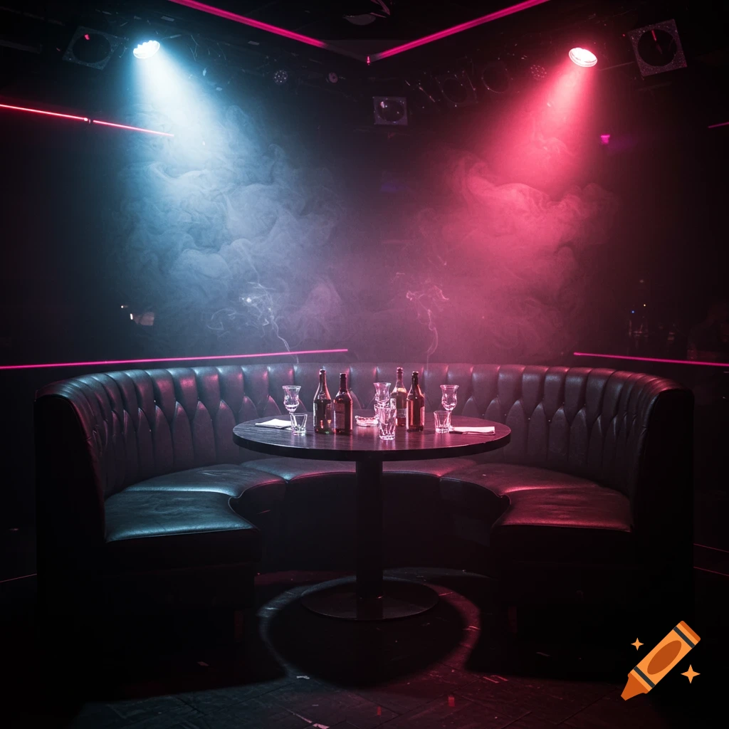 A dark club booth with a table, bottles, glasses, smoke, and colored spotlights.