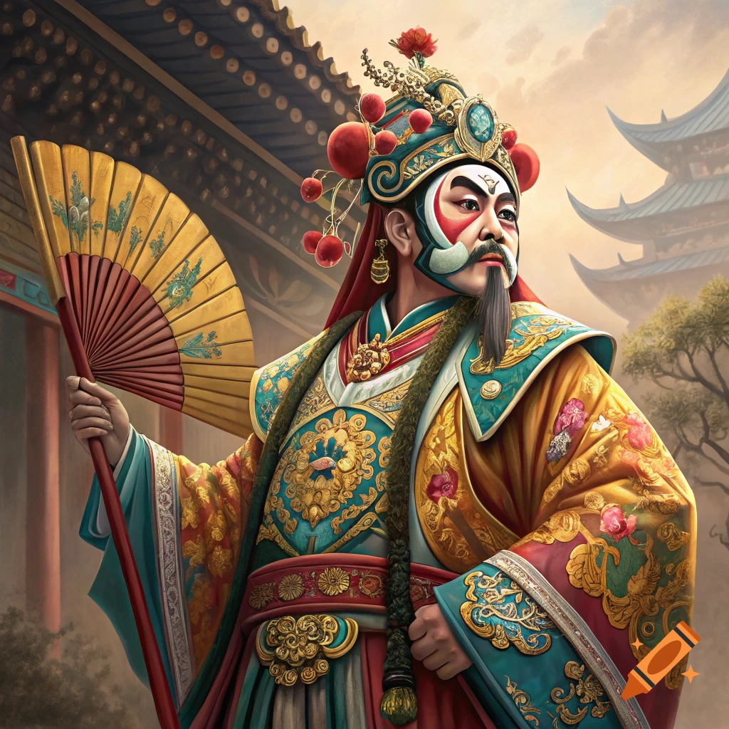 Person in elaborate Chinese Peking opera costume and makeup holding a fan outside a traditional building.