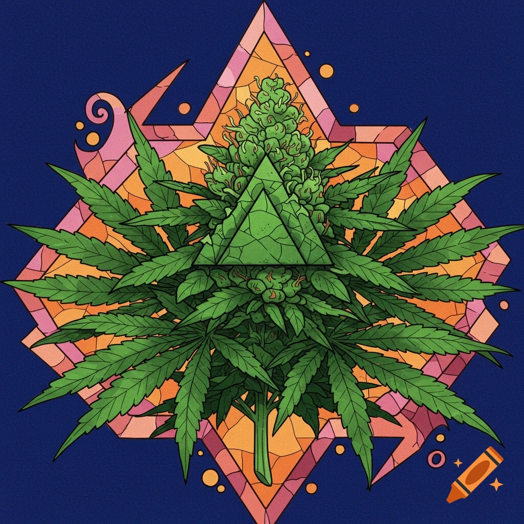 Stylized illustration of cannabis plant with green triangle and geometric background.