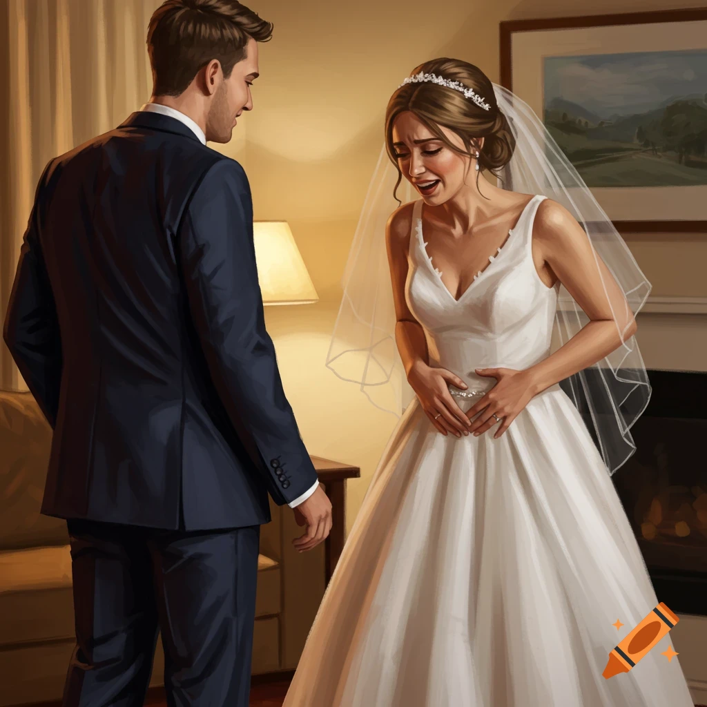 Illustration of a wedding couple, the bride appearing in distress and holding her stomach.
