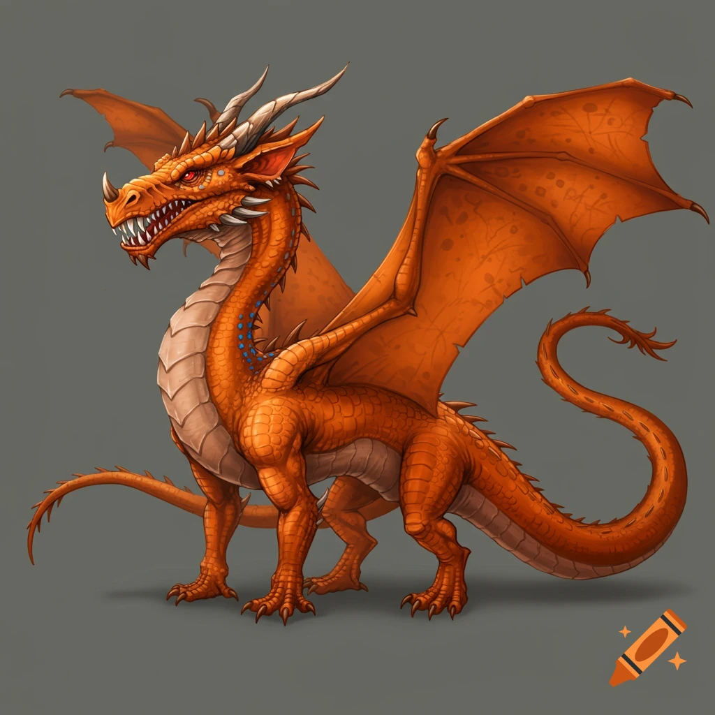 An orange dragon stands with wings spread.