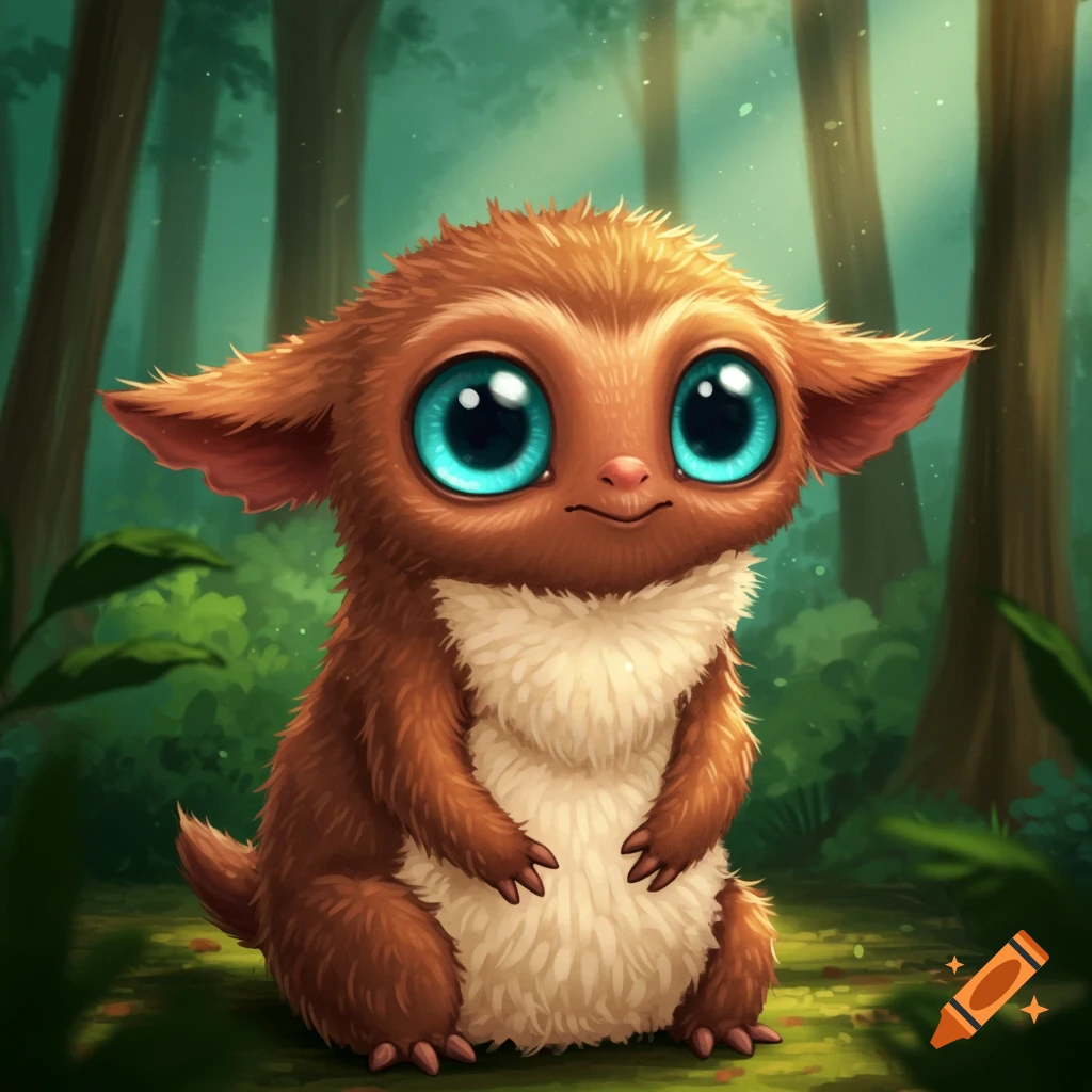A cute furry creature with big blue eyes sits in a forest.