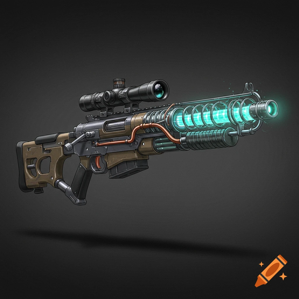 A detailed illustration of a futuristic sniper rifle with a glowing blue energy core.