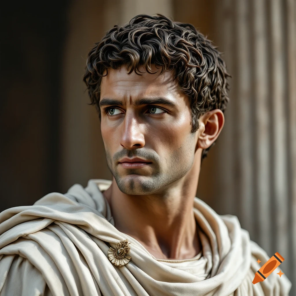 Close-up portrait of a man with curly hair wearing an ancient Roman toga.