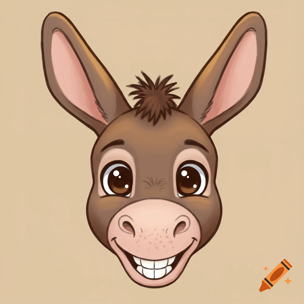 Cartoon drawing of a cute donkey head with big eyes and a smile