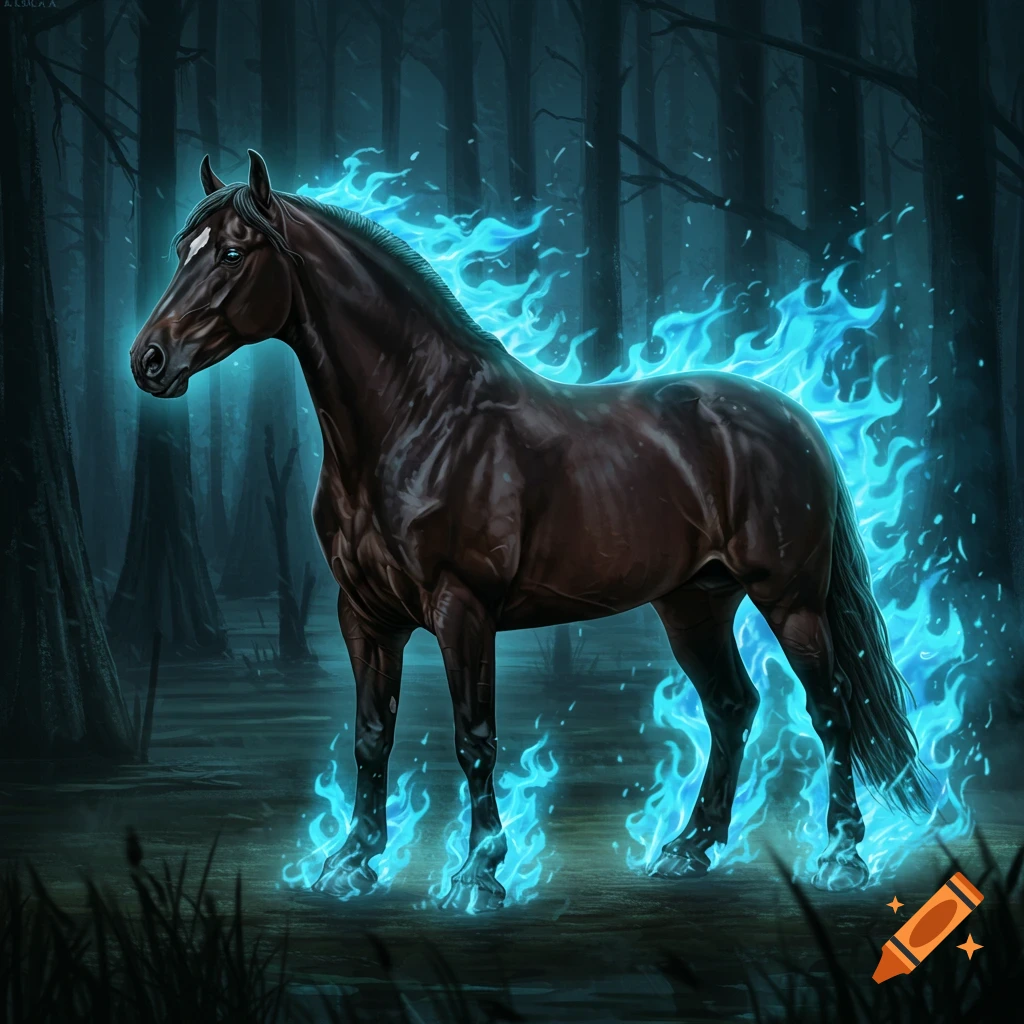 A dark horse stands in a swampy forest engulfed in blue fire.