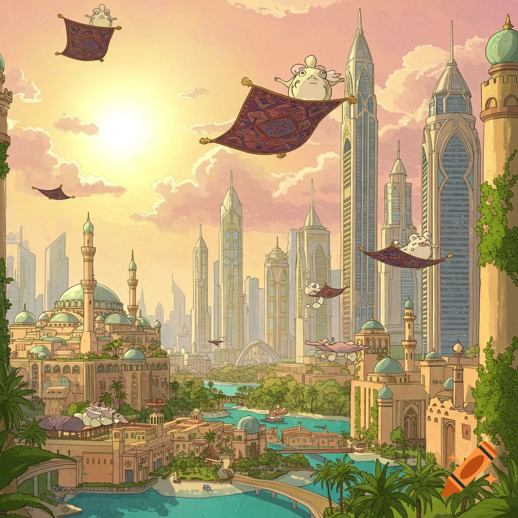 Fantasy cityscape with cute creatures riding flying carpets over water and buildings at sunset in anime style.