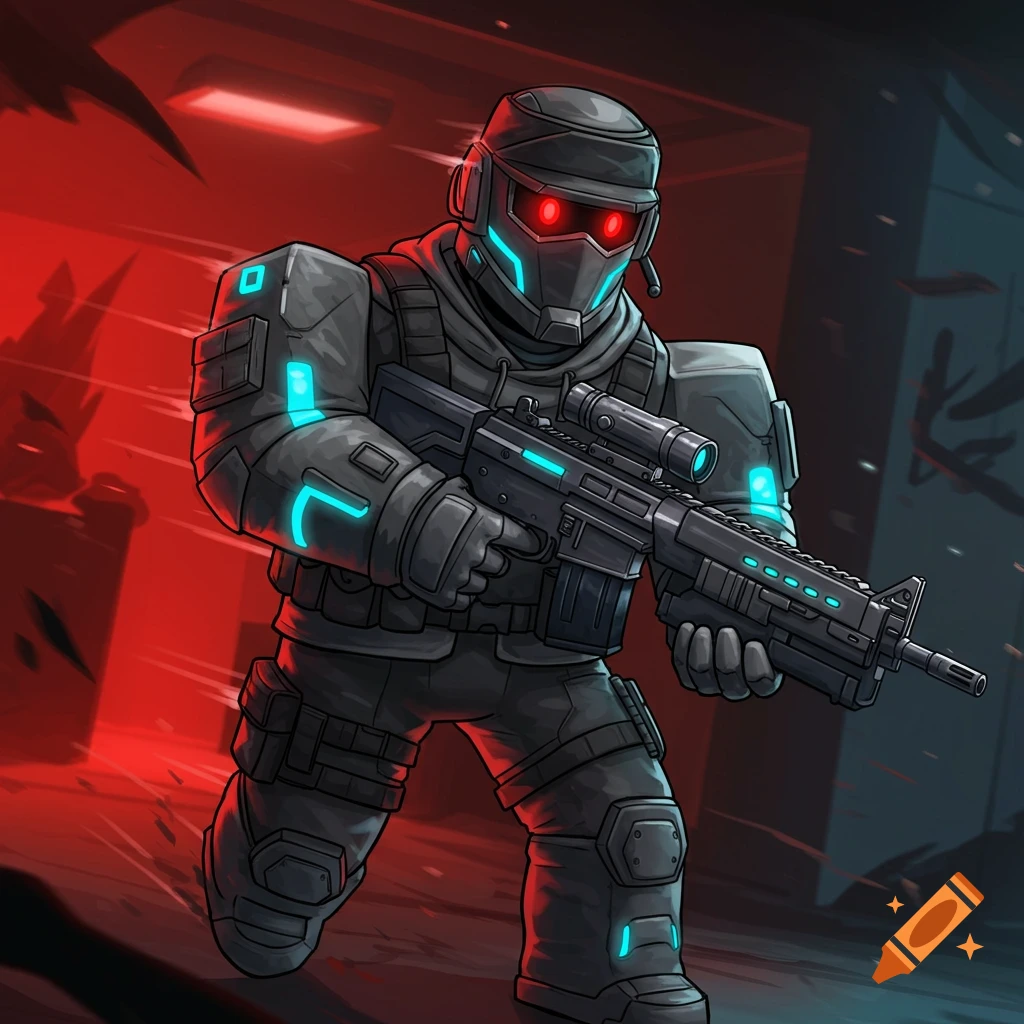 Stylized armored scout character with glowing eyes and armor holding a rifle in a dark, red-lit environment.