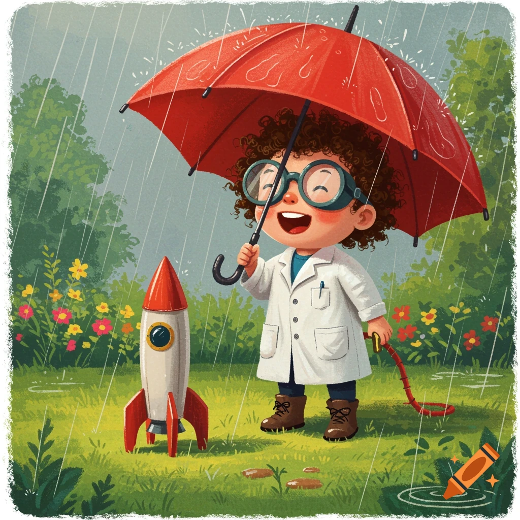 Child in lab coat and goggles holds a red umbrella next to a toy rocket in the rain.