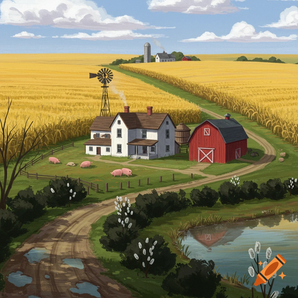 An illustration of a farm scene with a house, barn, cornfield, pond, and pigs under a cloudy sky.