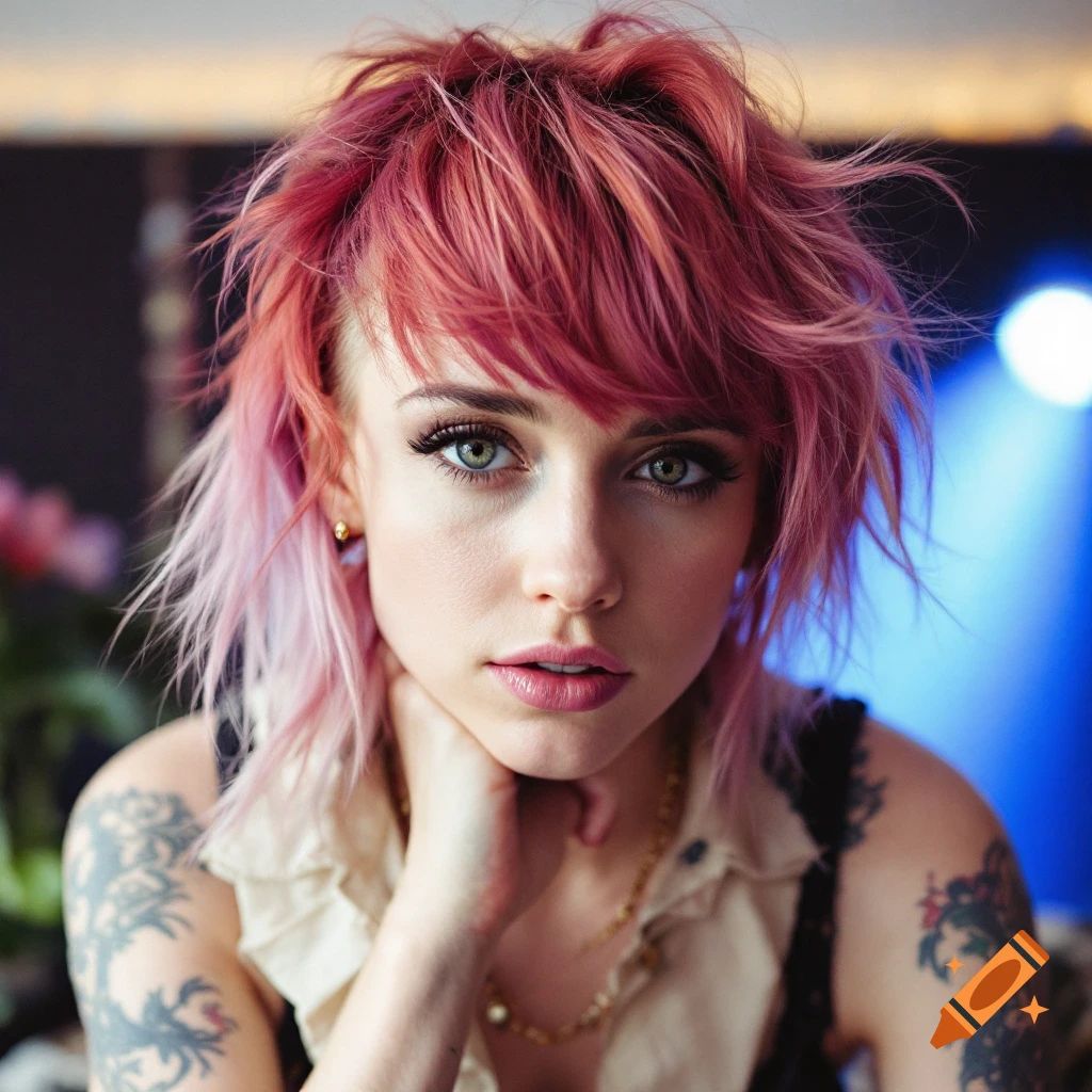 Close-up photorealistic portrait of a woman with pink hair and tattoos looking forward.
