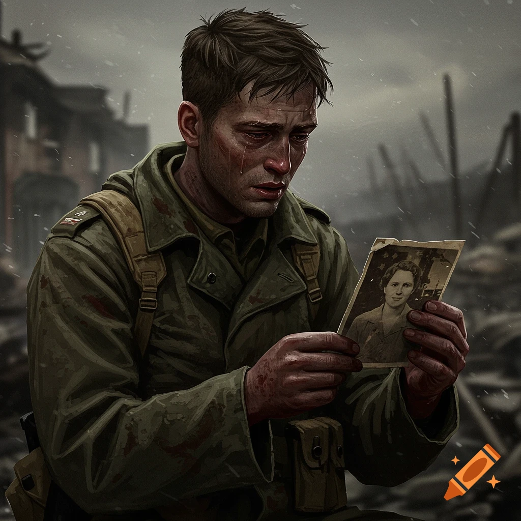 A crying soldier in a destroyed city holds a photo of a woman in an illustration.