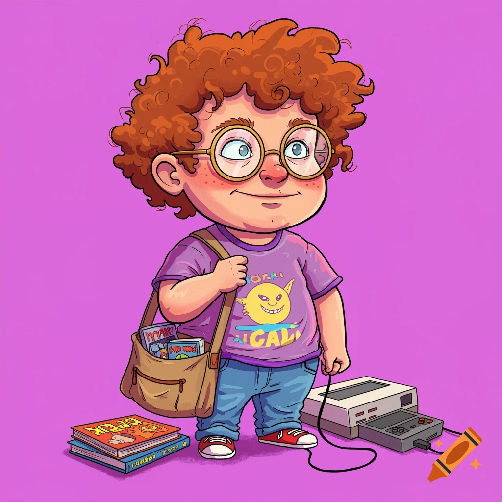 Cartoon boy with red curly hair, glasses, carrying a bag, next to a video game console and books.