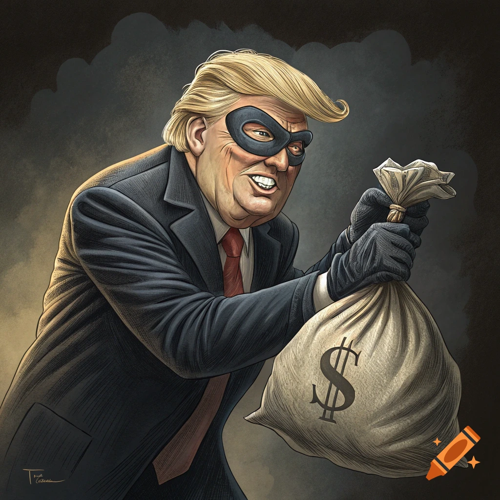 Illustration of Donald Trump wearing a mask and holding a money bag with a dollar sign.