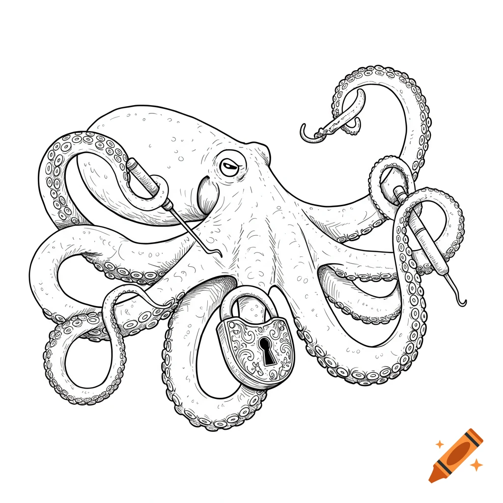Line art drawing of an octopus holding a lock and a lockpick.