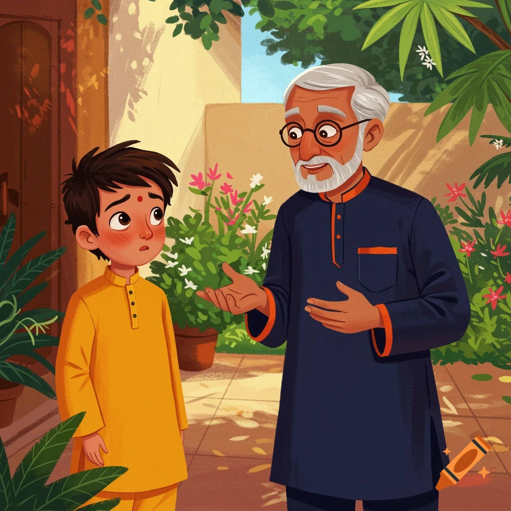 Illustration of an Indian boy looking embarrassed while talking to his grandpa in a courtyard.