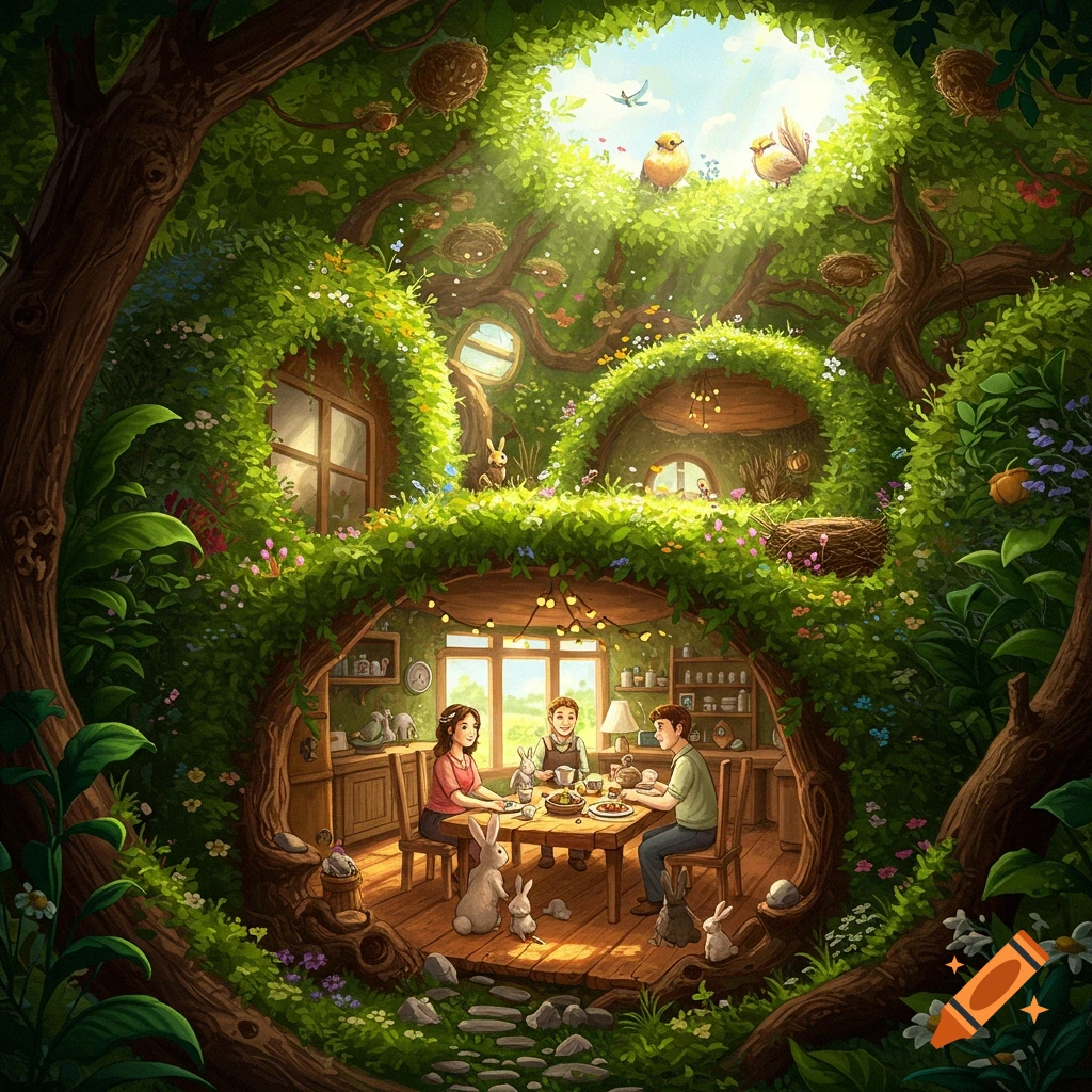 Whimsical illustration of a family eating in a house integrated into a lush, green tree, surrounded by nature and rabbits.
