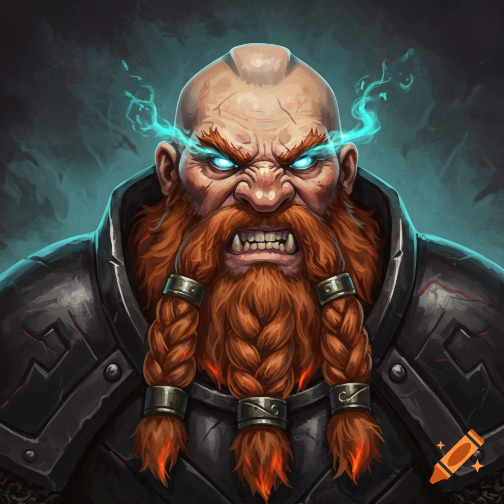 Illustration of an angry bald dwarf with a braided red beard and glowing blue eyes, wearing dark armor.