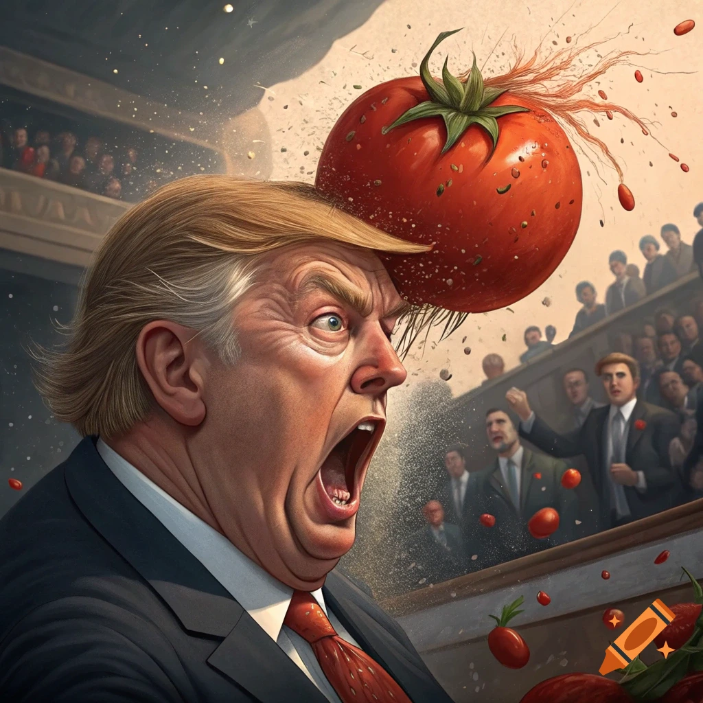 Illustration of a caricature of Trump yelling as a large tomato hits his head, splattering in an auditorium.