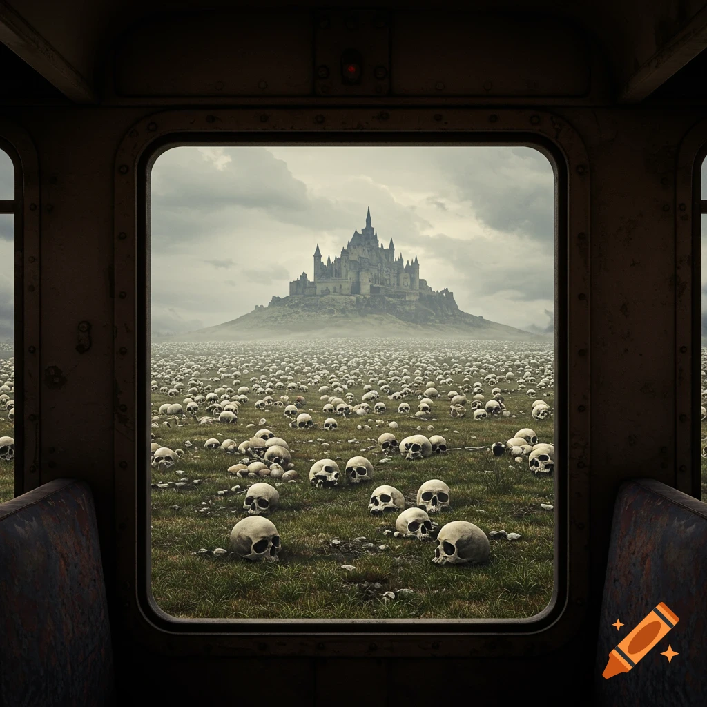 View from a train car of a field of skulls with a castle on a hill.