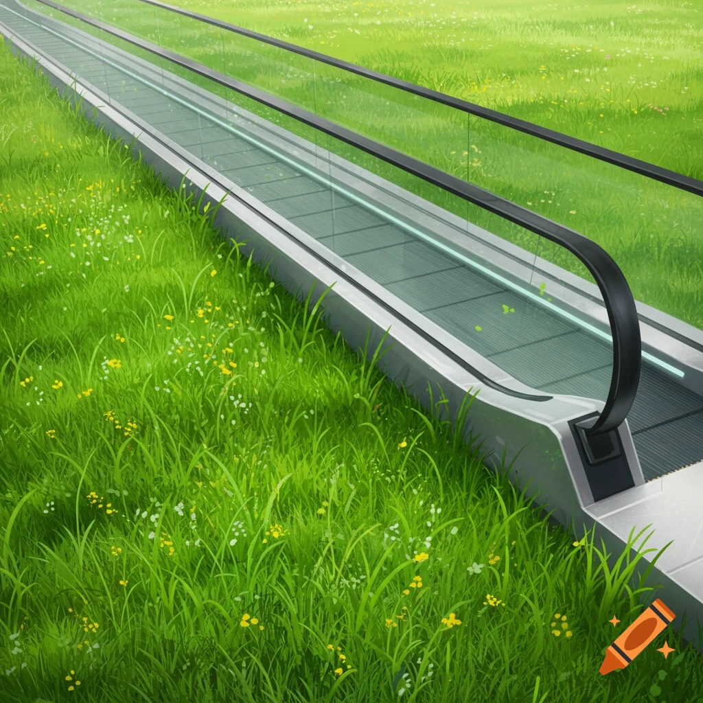 A moving walkway goes through a lush green field with small white and yellow flowers.