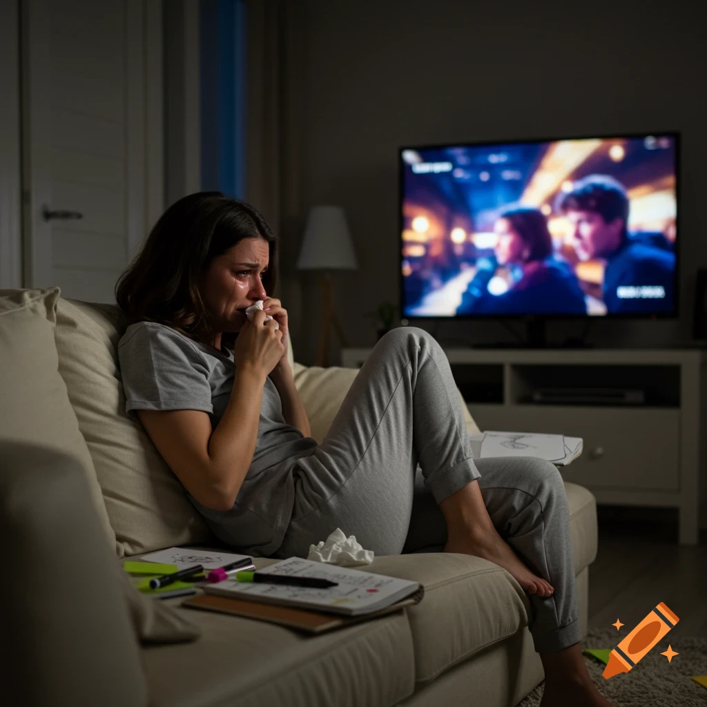 Woman crying on couch while watching television.