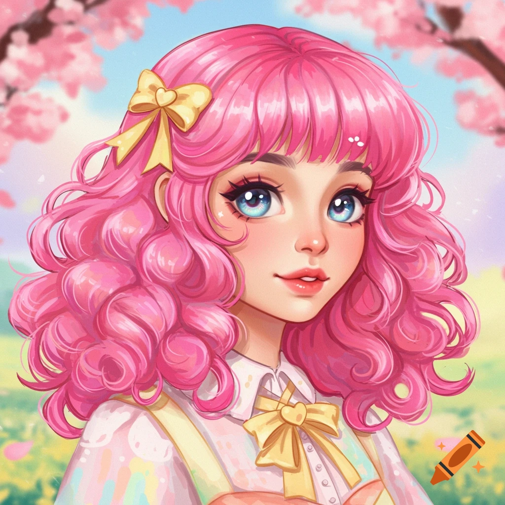 Anime illustration of a girl with pink curly hair and blue eyes, wearing a yellow bow, in a cherry blossom scene.